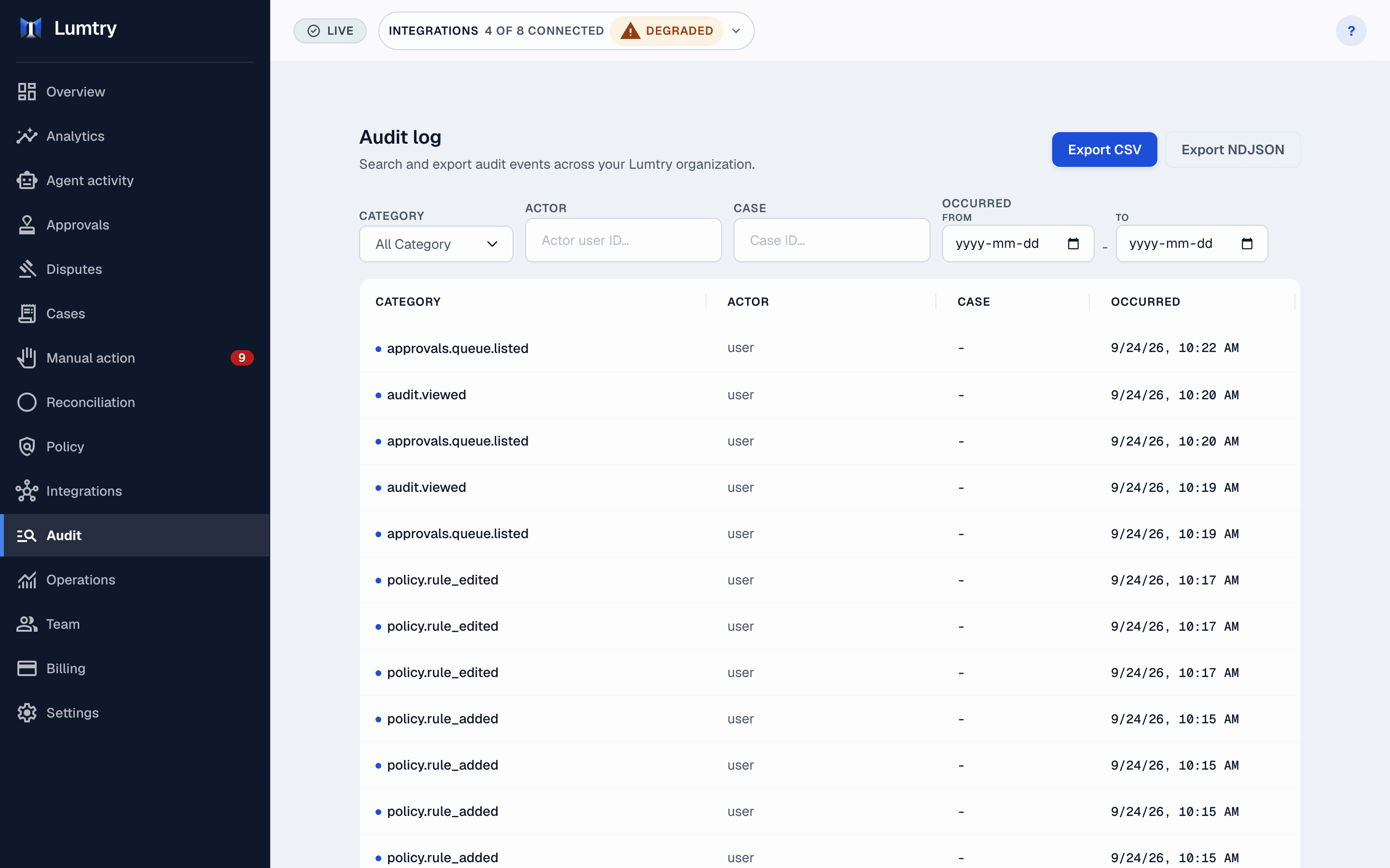 Lumtry audit log with correlation IDs